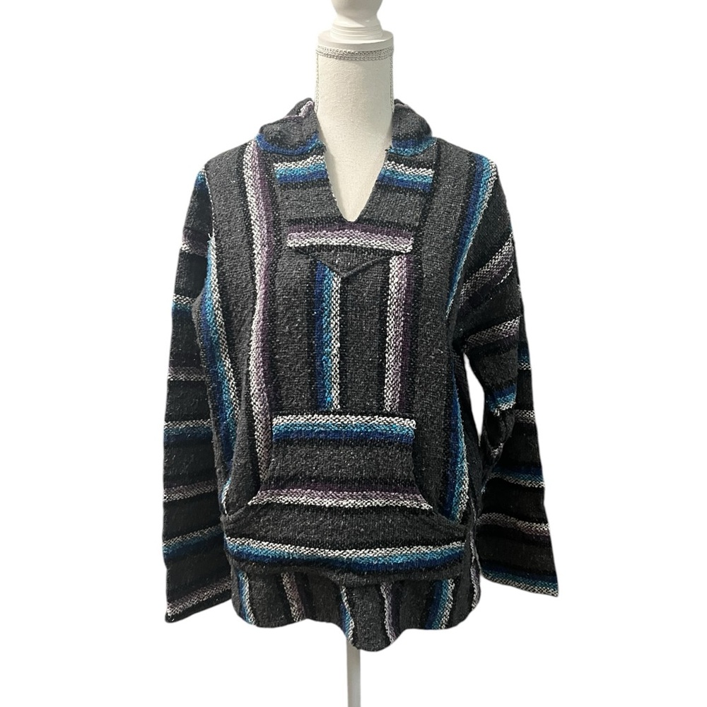 Iguana Jack Mexico Pullover Hoodie Gray Striped Beachwear Surfer Unisex Large